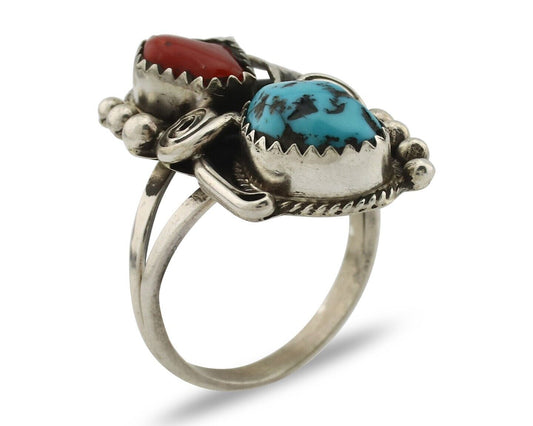Navajo Ring .925 Silver Turquoise & Coral Artist Signed Justin Morris C.80's