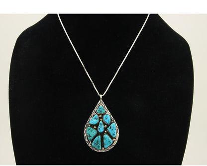 Navajo Necklace 925 Silver Natural Turquoise Artist Signed JW Tom C.80's