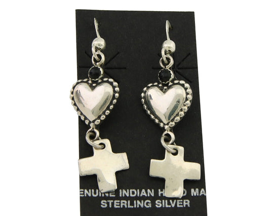 Navajo Earrings 925 Silver Heart Cross Natural Onyx Native American Artist C.80s