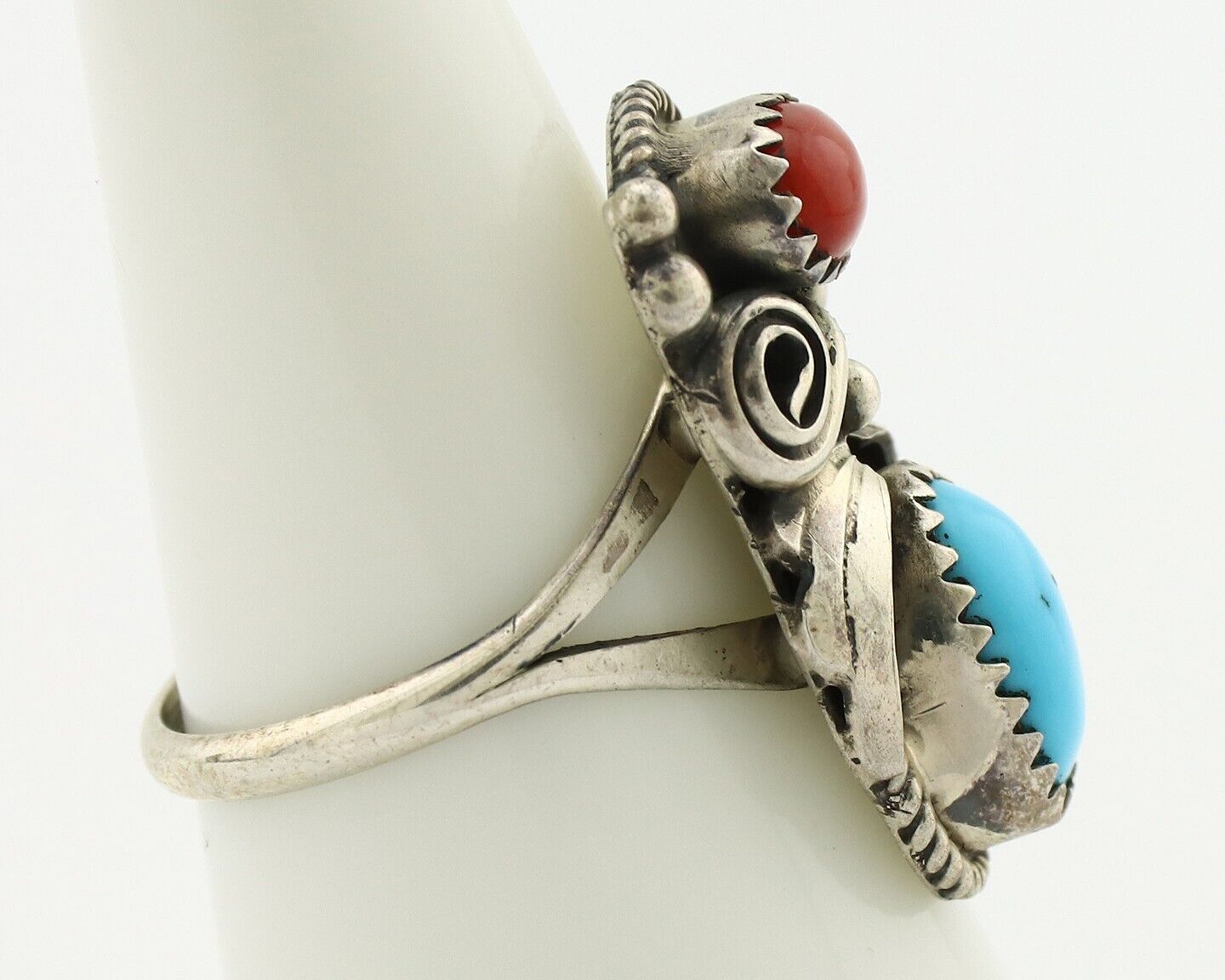 Navajo Ring 925 Silver Blue Turquiose & Coral Artist Signed Justin Morris C.80's