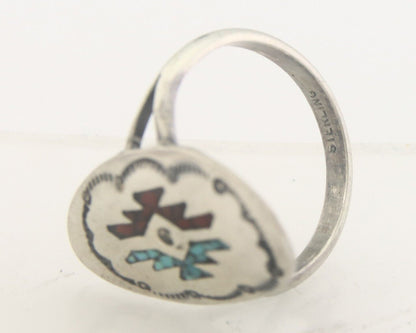 Navajo Ring 925 Sterling Natural Chip Inlay Coral & Turquoise C.80's Size 7.5