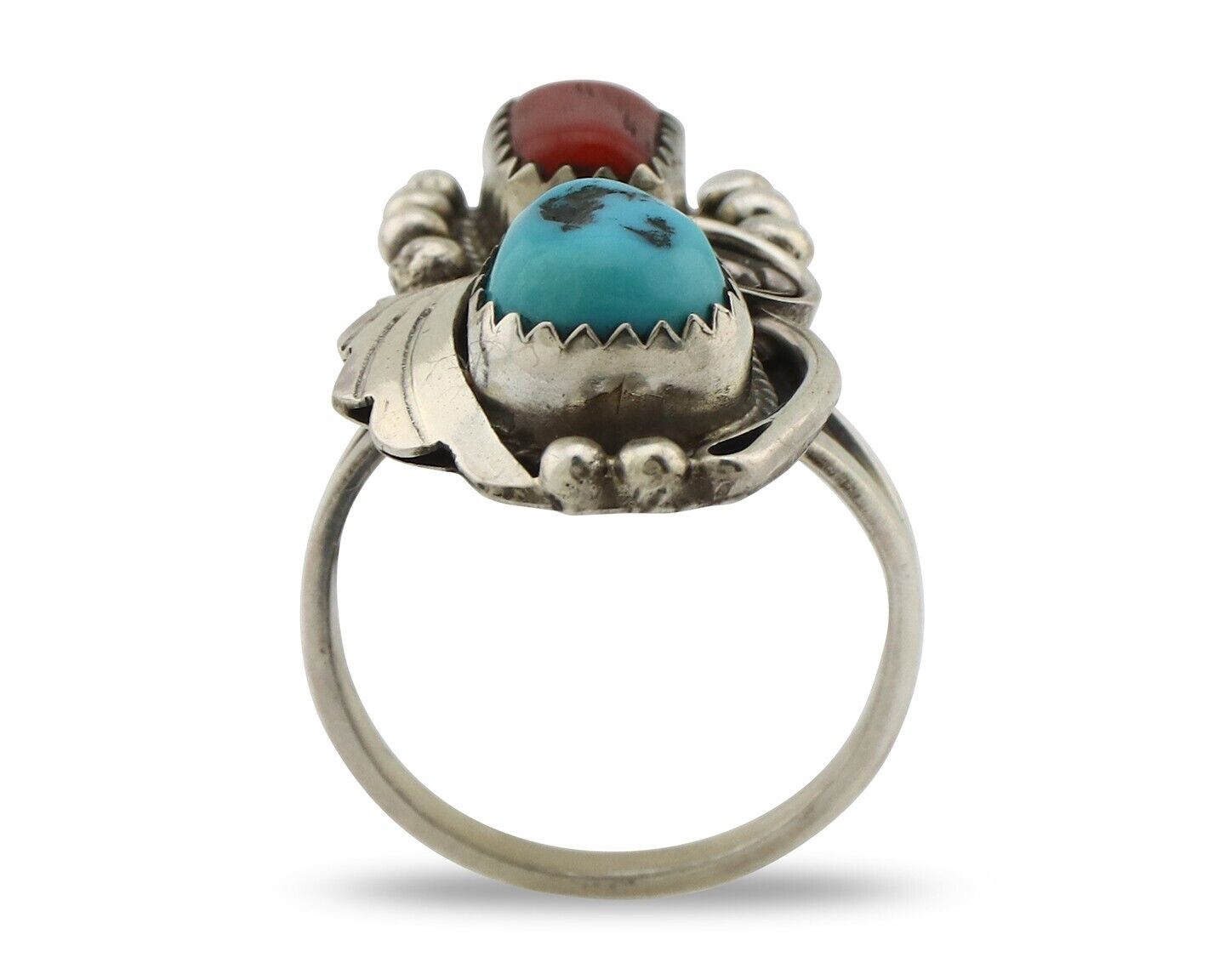 Navajo Ring .925 Silver Turquoise & Coral Artist Signed Justin Morris C.80's