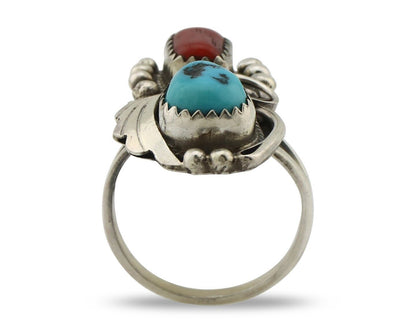 Navajo Ring .925 Silver Turquoise & Coral Artist Signed Justin Morris C.80's