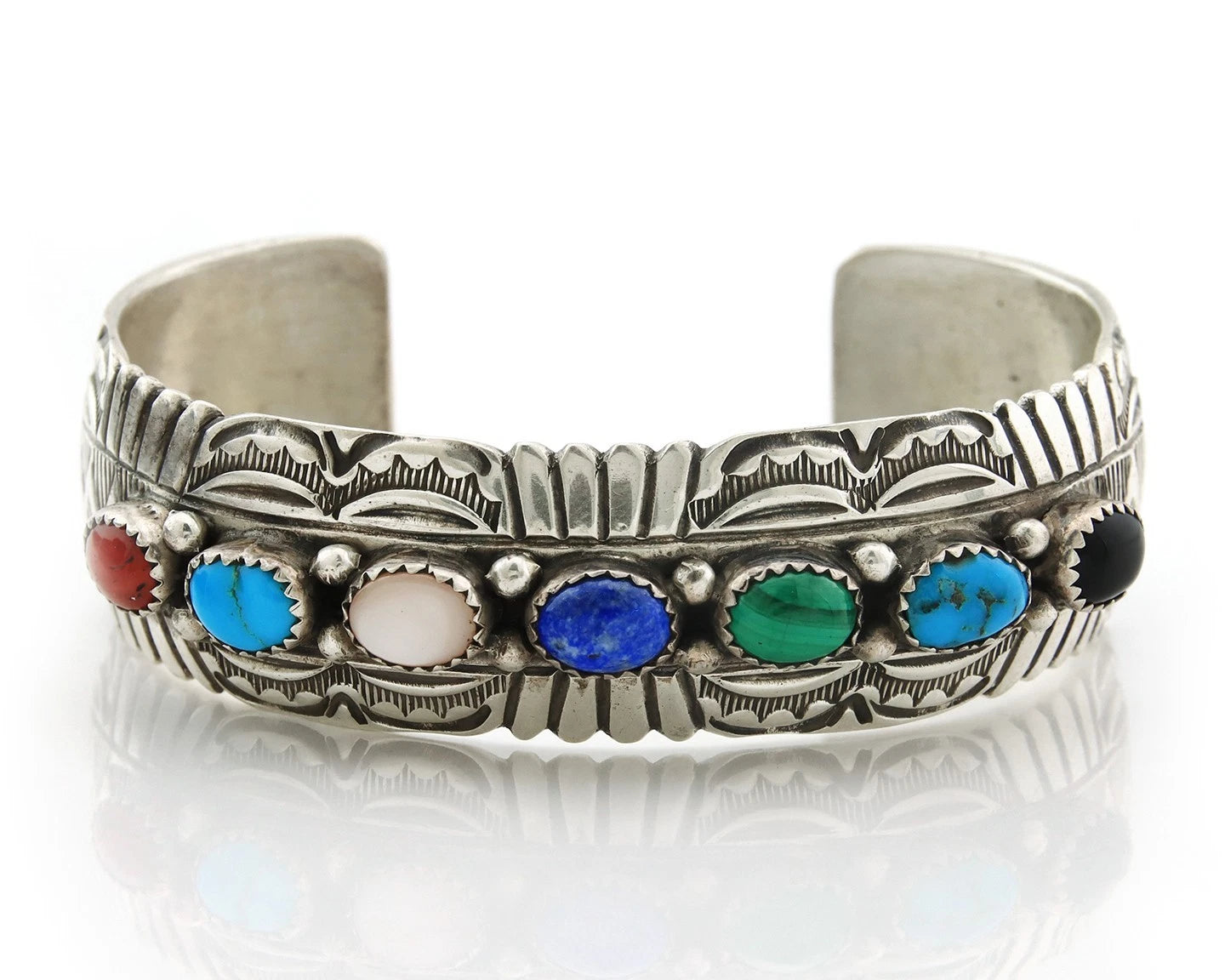 Navajo Cuff Bracelet Sterling Silver Natural Gemstone Vintage Signed WB