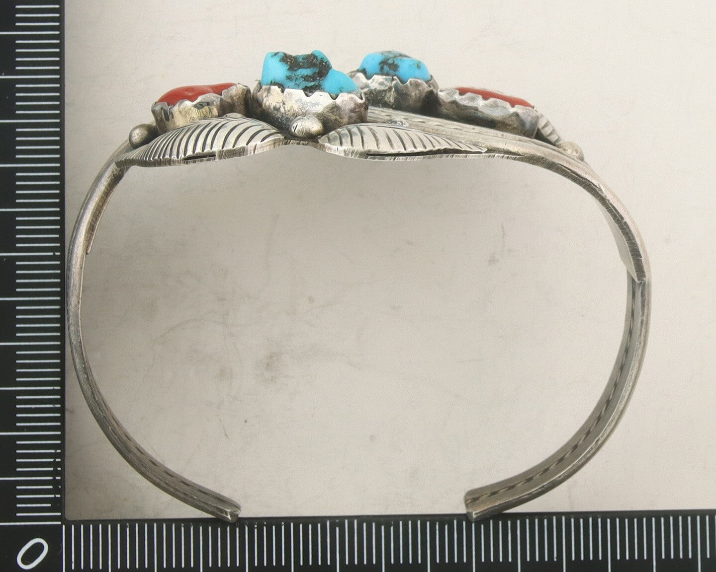 Navajo Bracelet 925 Silver Coral & Turquoise Cuff Signed R Spencer C.80's