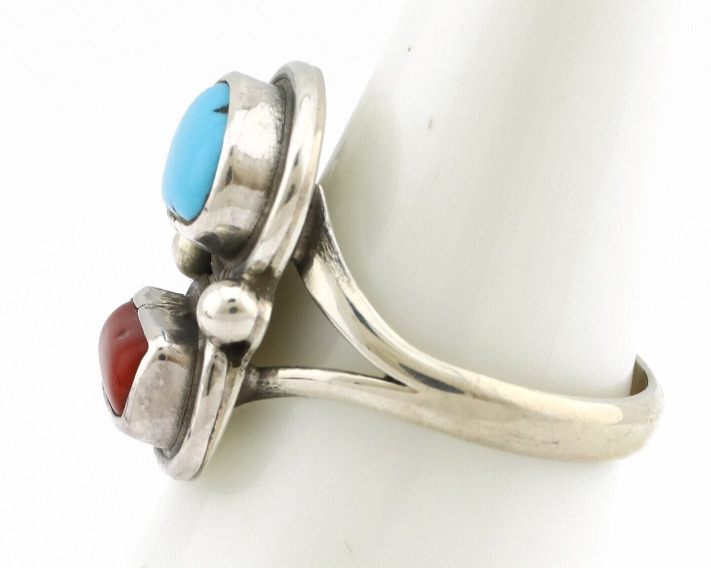 Navajo Ring 925 Silver SB Turquoise & Red Coral Native American Artist C.80s