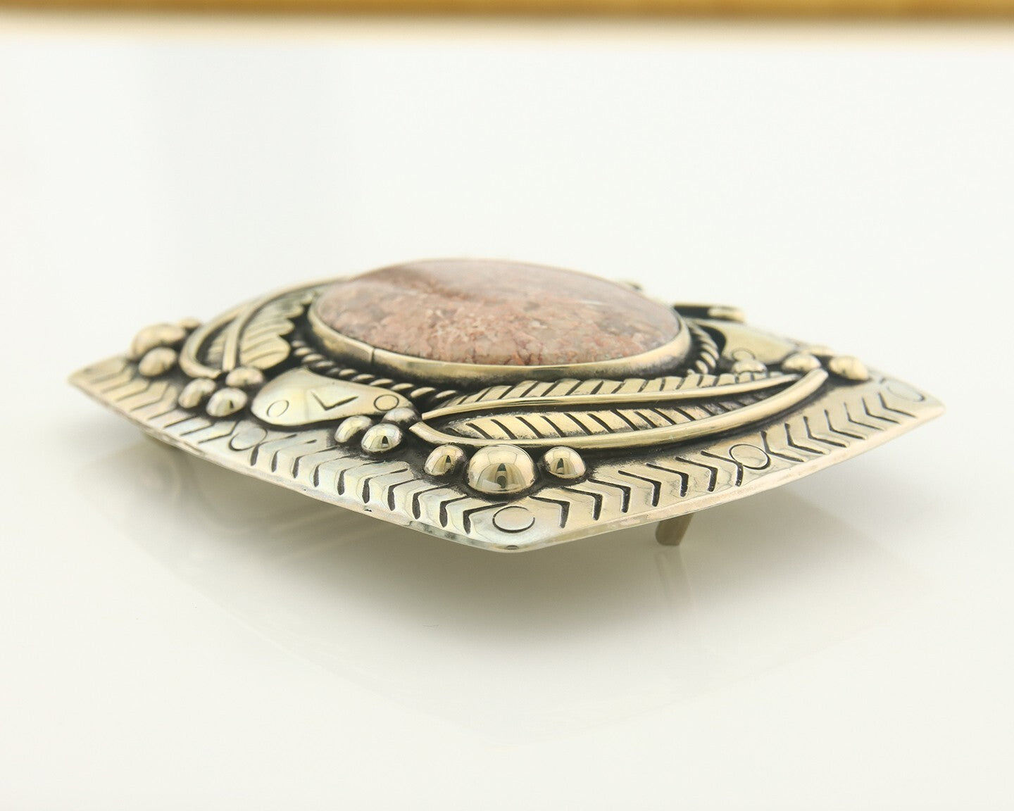 Navajo Belt Buckle .999 Nickel Agate Native Artist Handmade 2.5 x 3.0 in C.80s