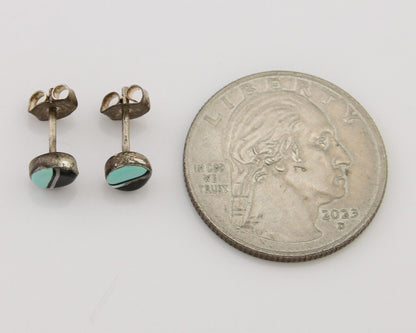 Navajo Earrings 925 Silver Inlaid Natural Onyx & Turquoise Native American C.80s