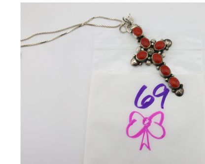 Navajo Cross Pendant 925 Silver Natural Coral Artist Signed Archie Martinez C80s