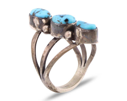 Navajo 3 Stone Ring 925 Silver Blue Turquoise Native American Artist C.80's