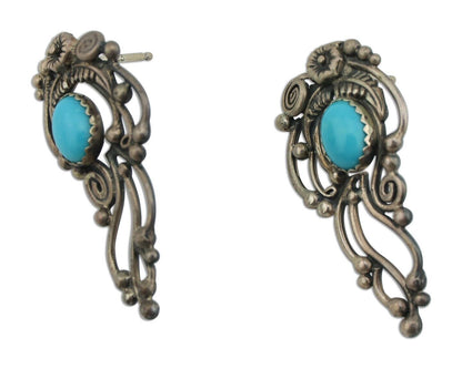 Navajo Earrings 925 Silver Natural Blue Turquoise Native American Artist C.80s