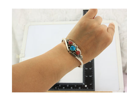 Navajo Cuff Bracelet Sterling Silver Natural Coral Turquoise Sign Justin Morris