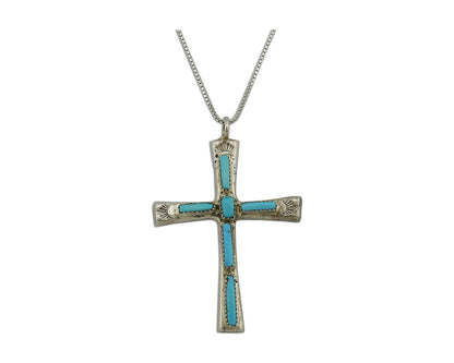 Zuni Cross Necklace 925 Silver Blue Turquoise Signed L IULI C.80's