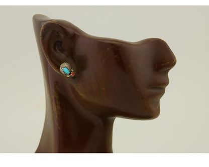 Navajo Earrings 925 Silver Natural Coral & Turquoise Native Artist C.80's