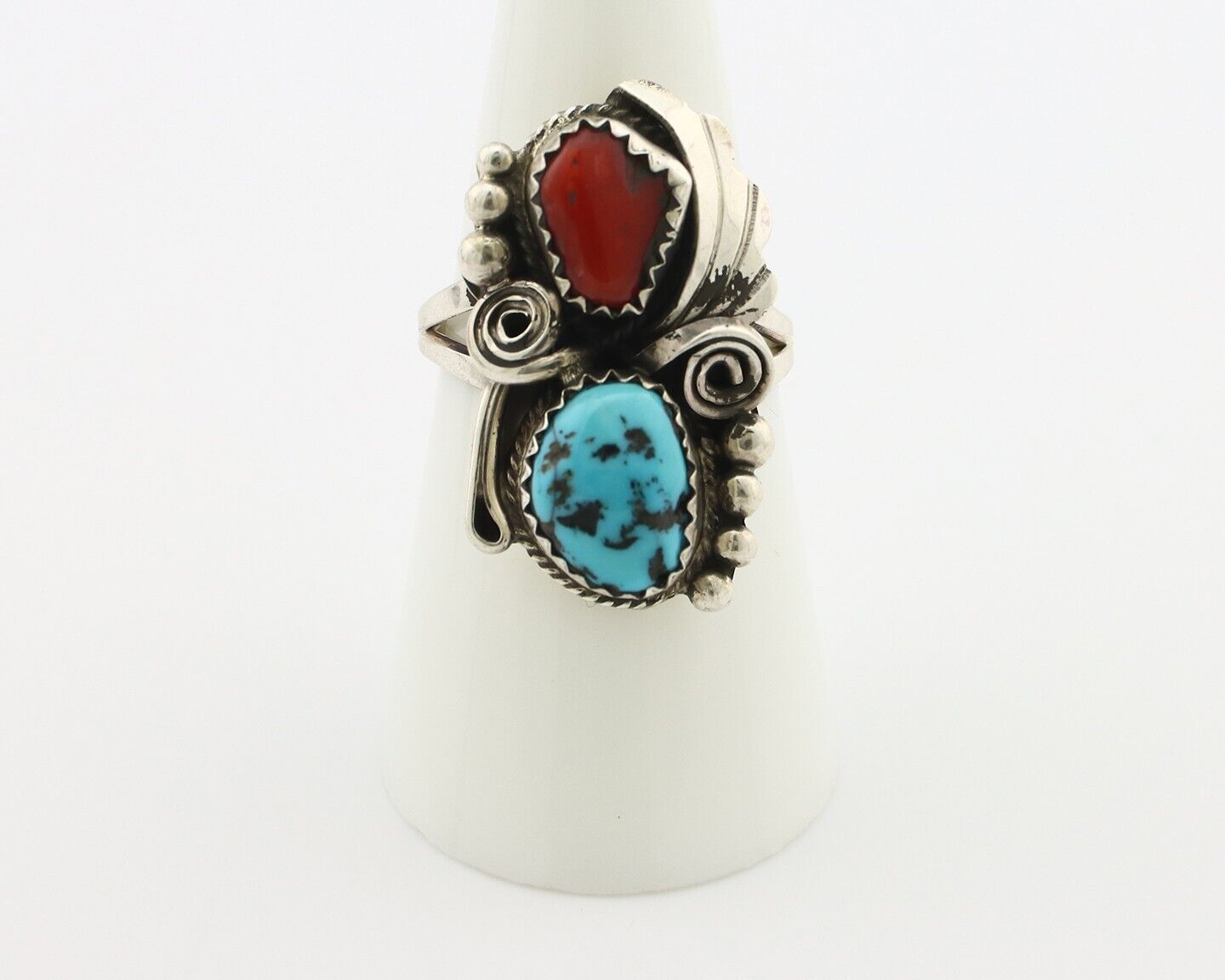 Navajo Ring .925 Silver Turquoise & Coral Artist Signed Justin Morris C.80's