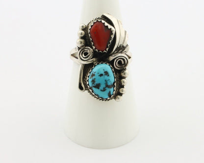 Navajo Ring .925 Silver Turquoise & Coral Artist Signed Justin Morris C.80's