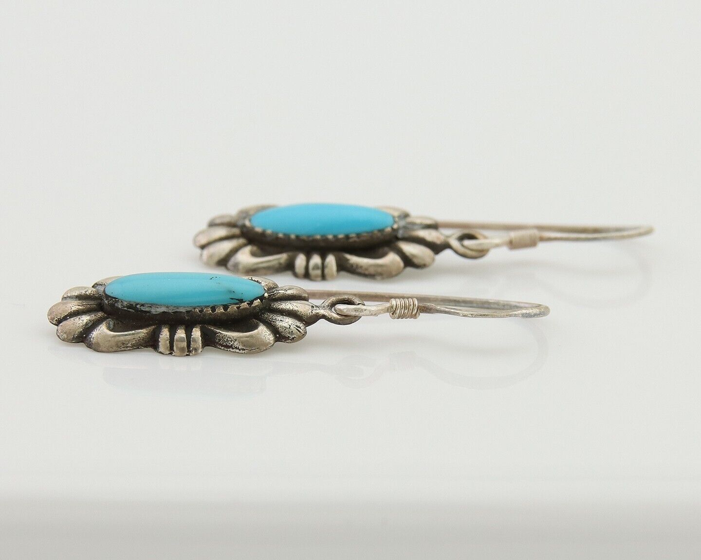 Navajo Hand Stamped Earrings 925 Silver Natural Turquoise Native Artist C.80's