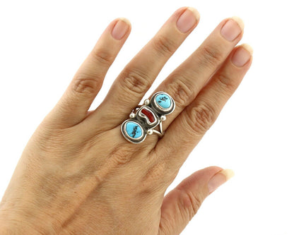 Navajo Ring 925 Silver Sleeping B Turquoise & Coral Native American Artist C.80s