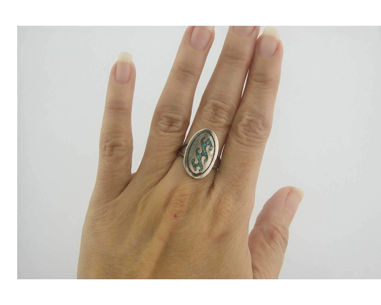 Navajo Ring 925 Sterling Natural Chip Inlay Blue Turquoise C.80's Size 7.0