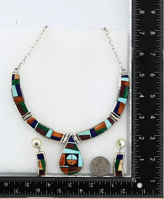 Navajo Necklace Earring Set Sterling Silver Gemstone Signed Frank Yellowhorse