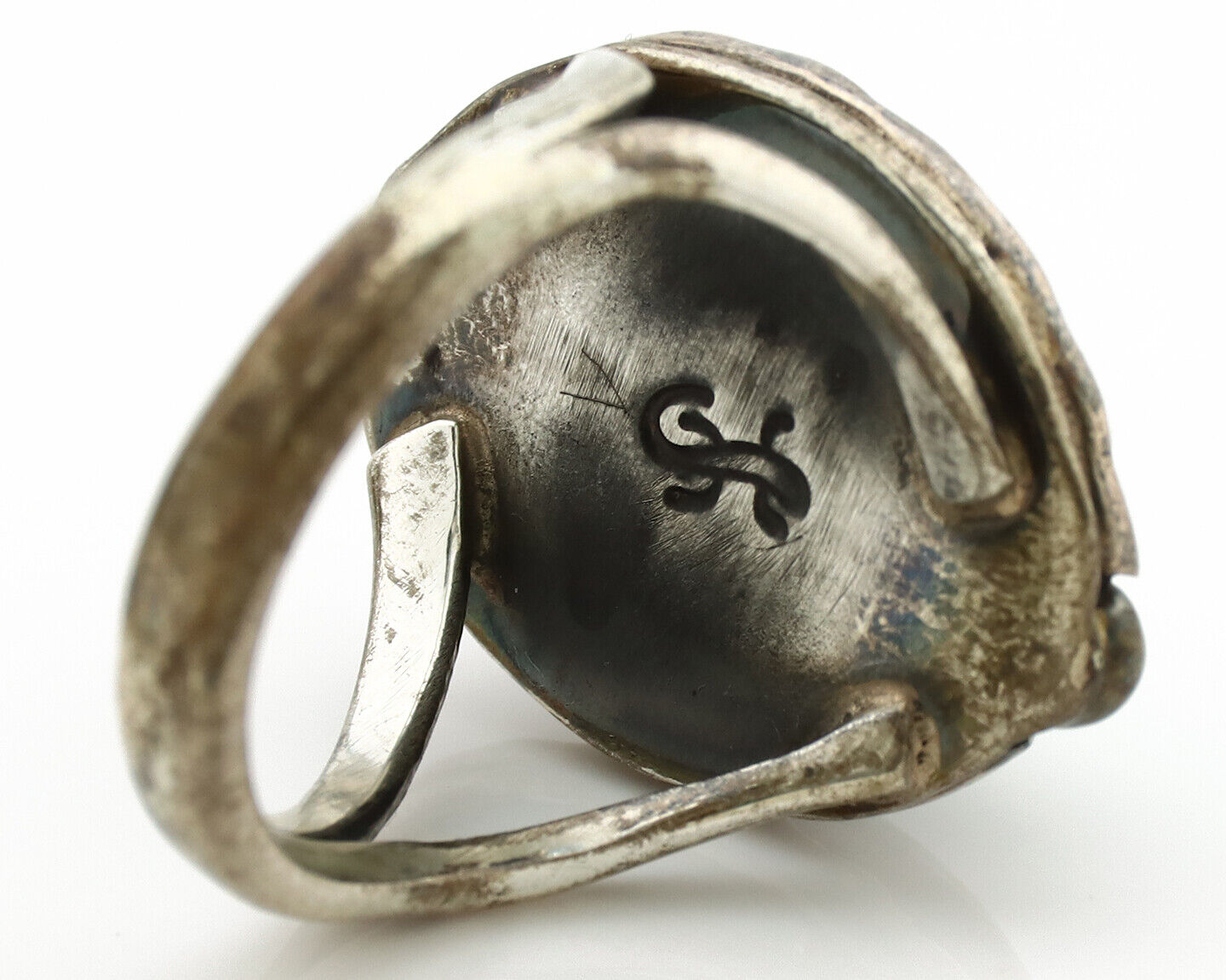 Navajo Ring .925 Silver Kingman Turquoise Artist Signed Gecko C.1980's