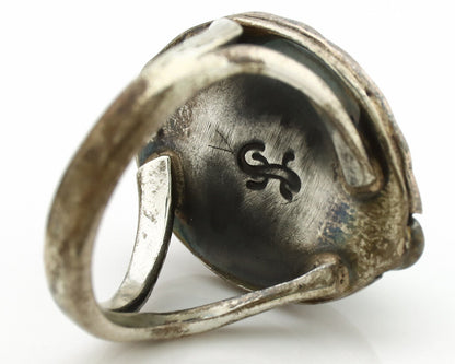 Navajo Ring .925 Silver Kingman Turquoise Artist Signed Gecko C.1980's