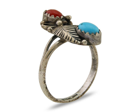 Navajo Handmade Ring 925 Silver Turquoise & Coral Native Artist C.80's