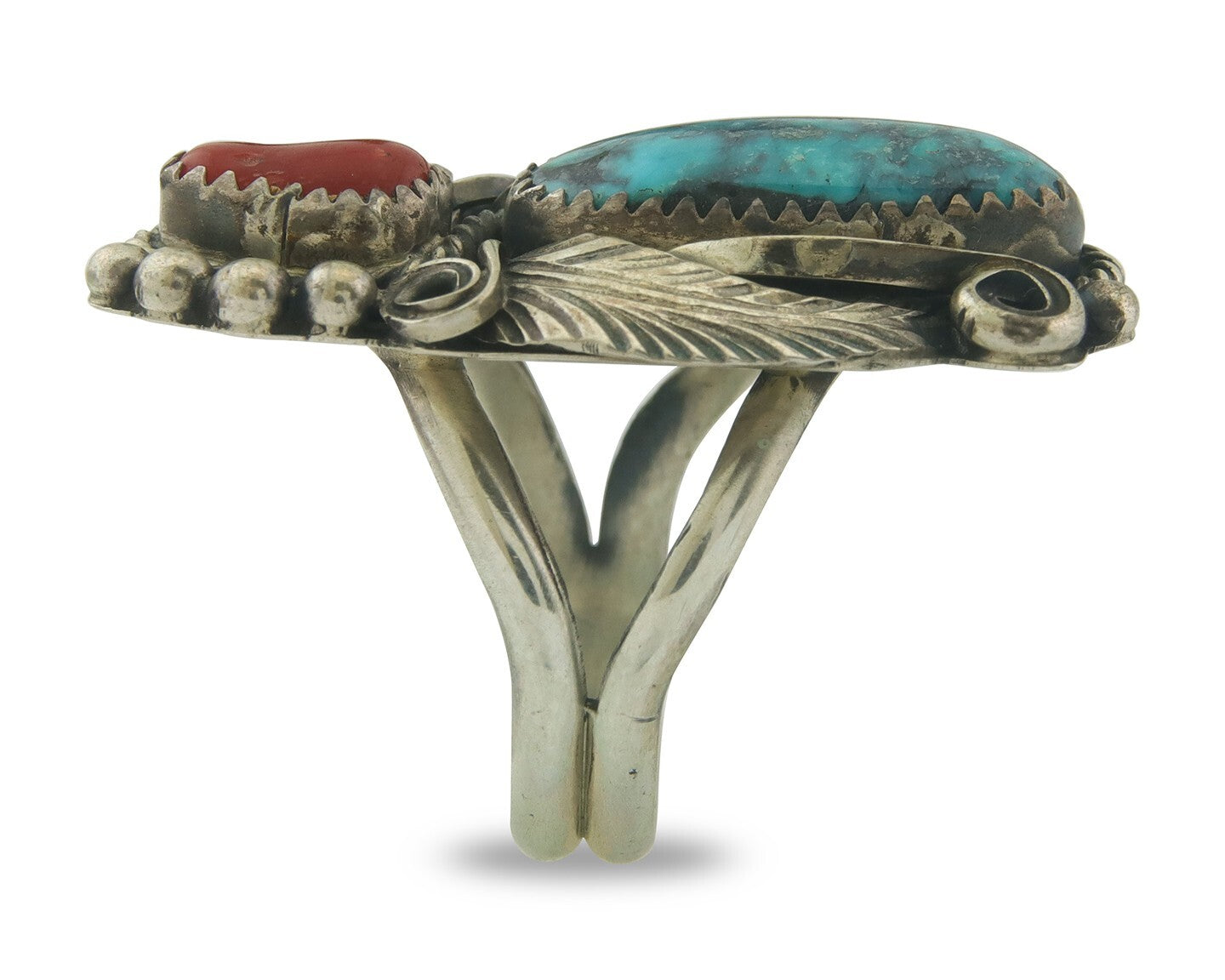 Navajo Ring 925 Sterling Natural Coral & Turquoise Signed JM C.80's Size 8.5
