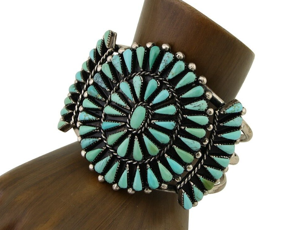 Navajo Bracelet 925 Silver Natural Blue Turquoise Signed JR C.80's