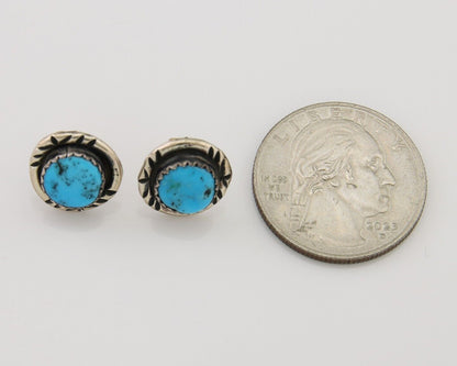 Navajo Hand Stamped Earrings 925 Silver Blue Turquoise Native Artist C.80's