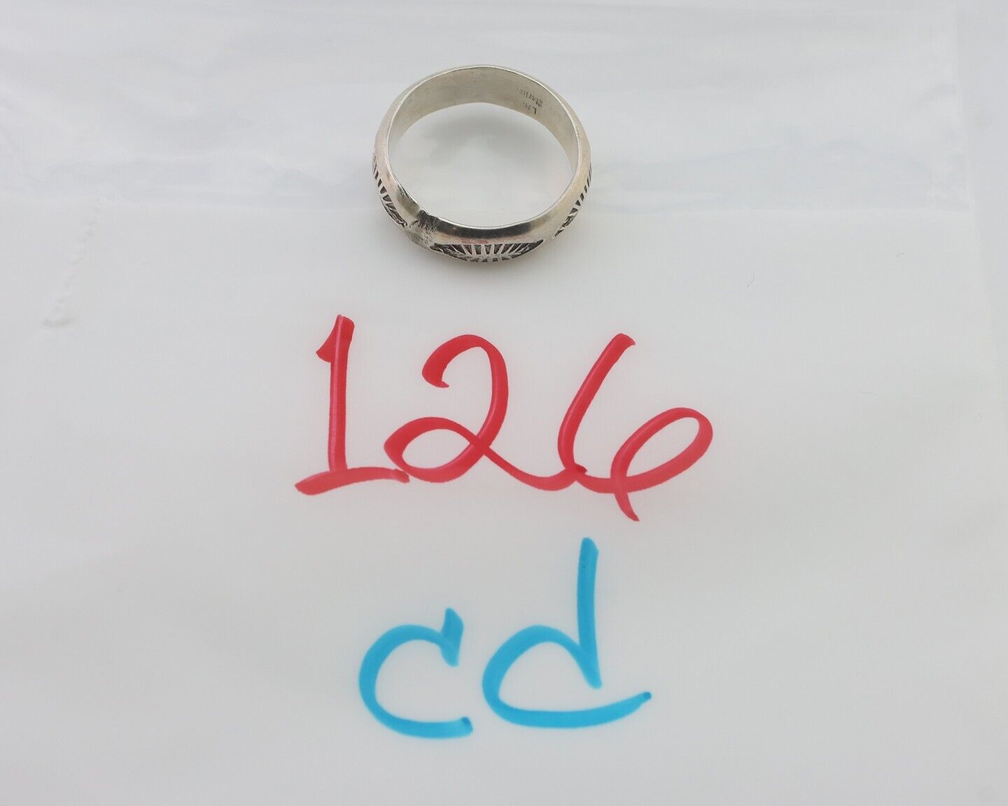 Navajo Hand Stamped Band 925 Silver 6.0 mm Signed Larry Chavez Size 7.75 C.80's