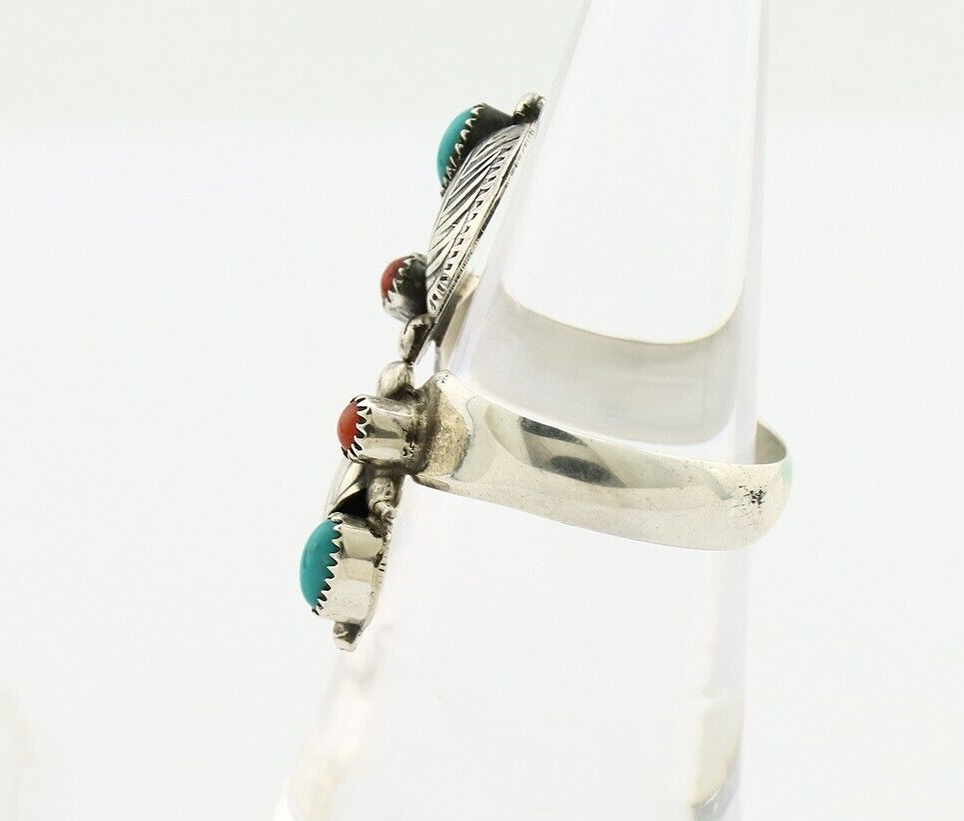 Navajo Adjustable Ring 925 Silver Turquiose & Coral Native Artist C.80's