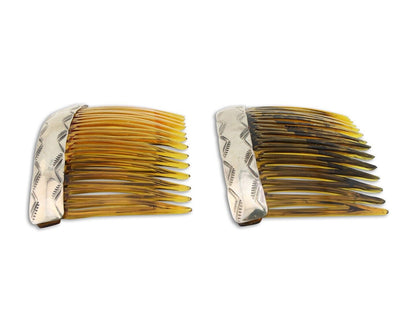 Navajo Hair Comb 925 Silver Hand Stamped Native American Artist 2 Piece Set C80s