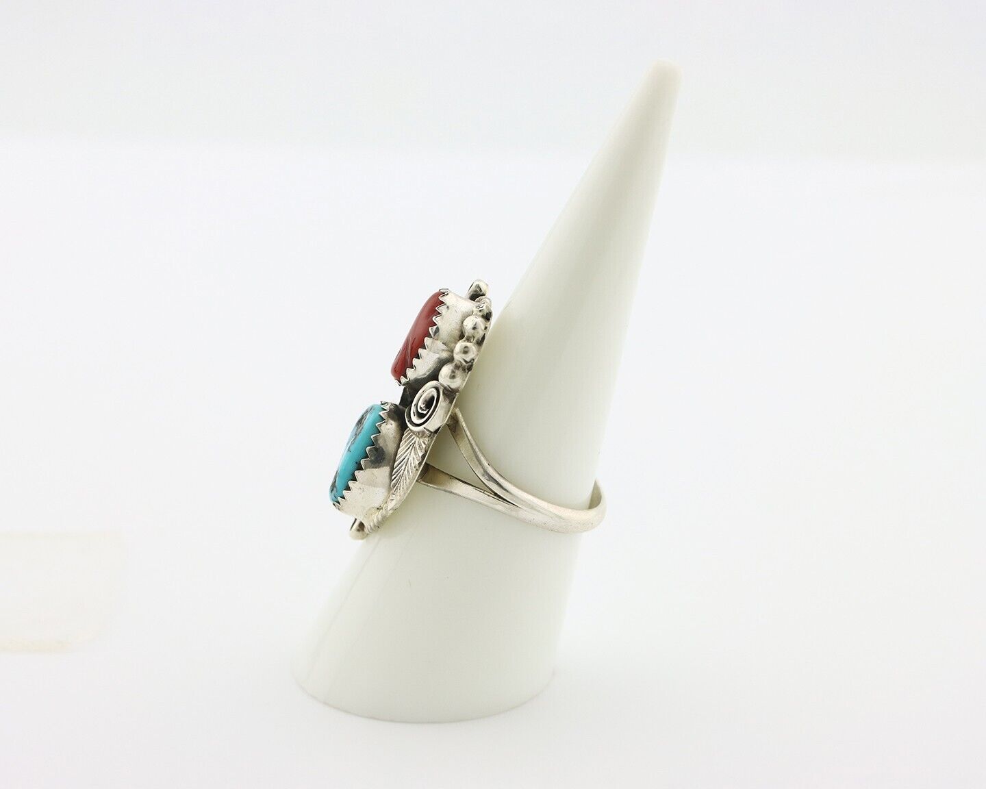 Navajo Ring .925 Silver Turquoise & Coral Artist Signed Justin Morris C.80's