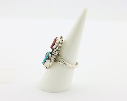 Navajo Ring .925 Silver Turquoise & Coral Artist Signed Justin Morris C.80's