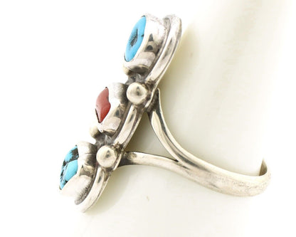 Navajo Ring 925 Silver Sleeping B Turquoise & Coral Native American Artist C.80s