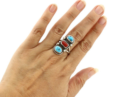 Navajo Ring 925 Silver Sleeping B Turquoise & Coral Native American Artist C.80s