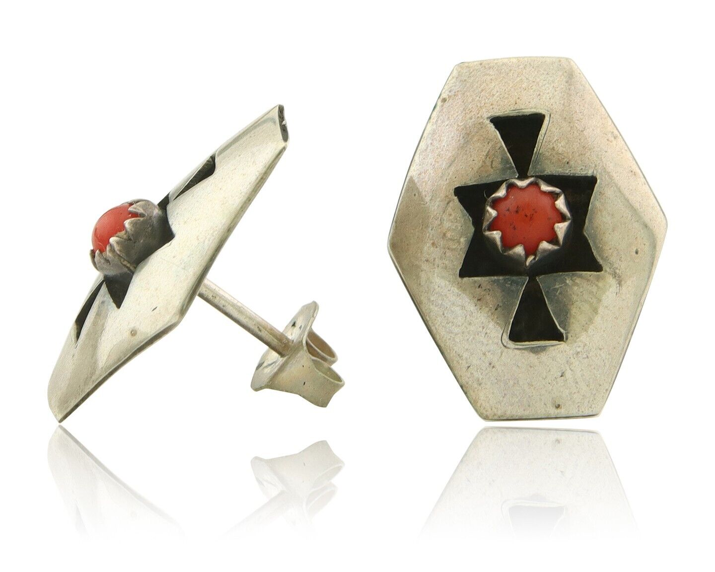 Navajo Earrings 925 Silver Natural Coral Native American Artist C.80's