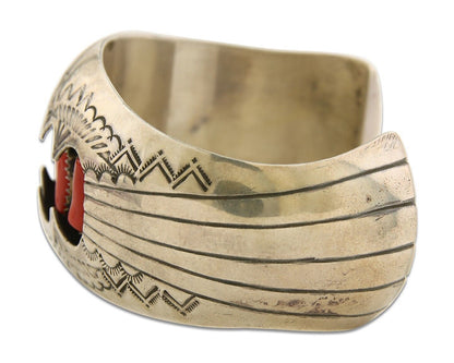 Navajo Bracelet .925 Silver Red Coral Cuff Artist Signed P Benally C.80's