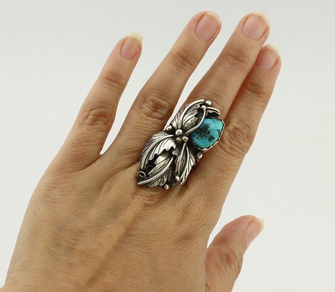Navajo Ring 925 Silver Sleeping Beauty Turquoise Artist Signed DL C.80's