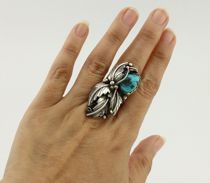 Navajo Ring 925 Silver Sleeping Beauty Turquoise Artist Signed DL C.80's