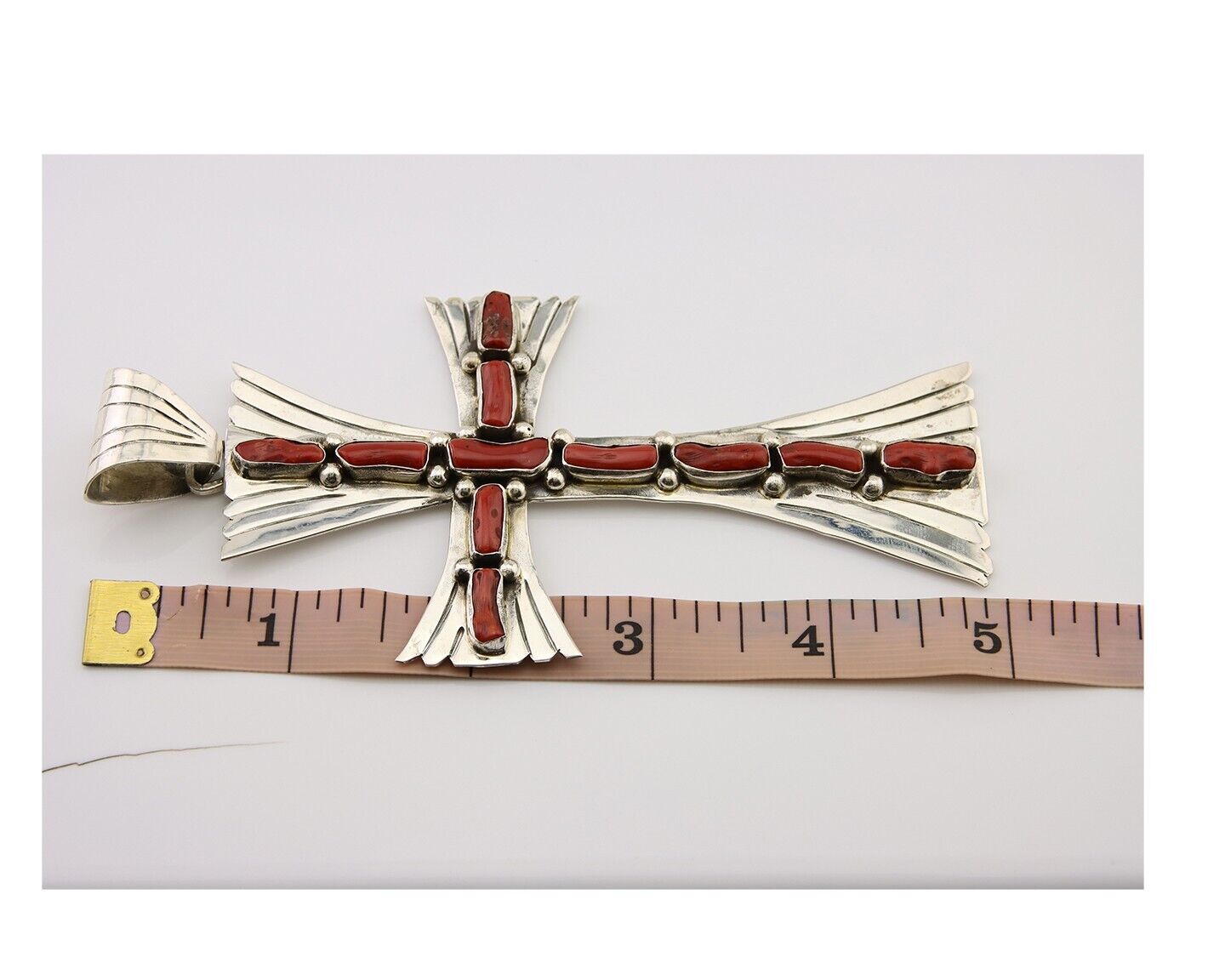 Large Navajo Cross Pendant 925 Silver Mediterranean Coral Artist Signed JB C.80s
