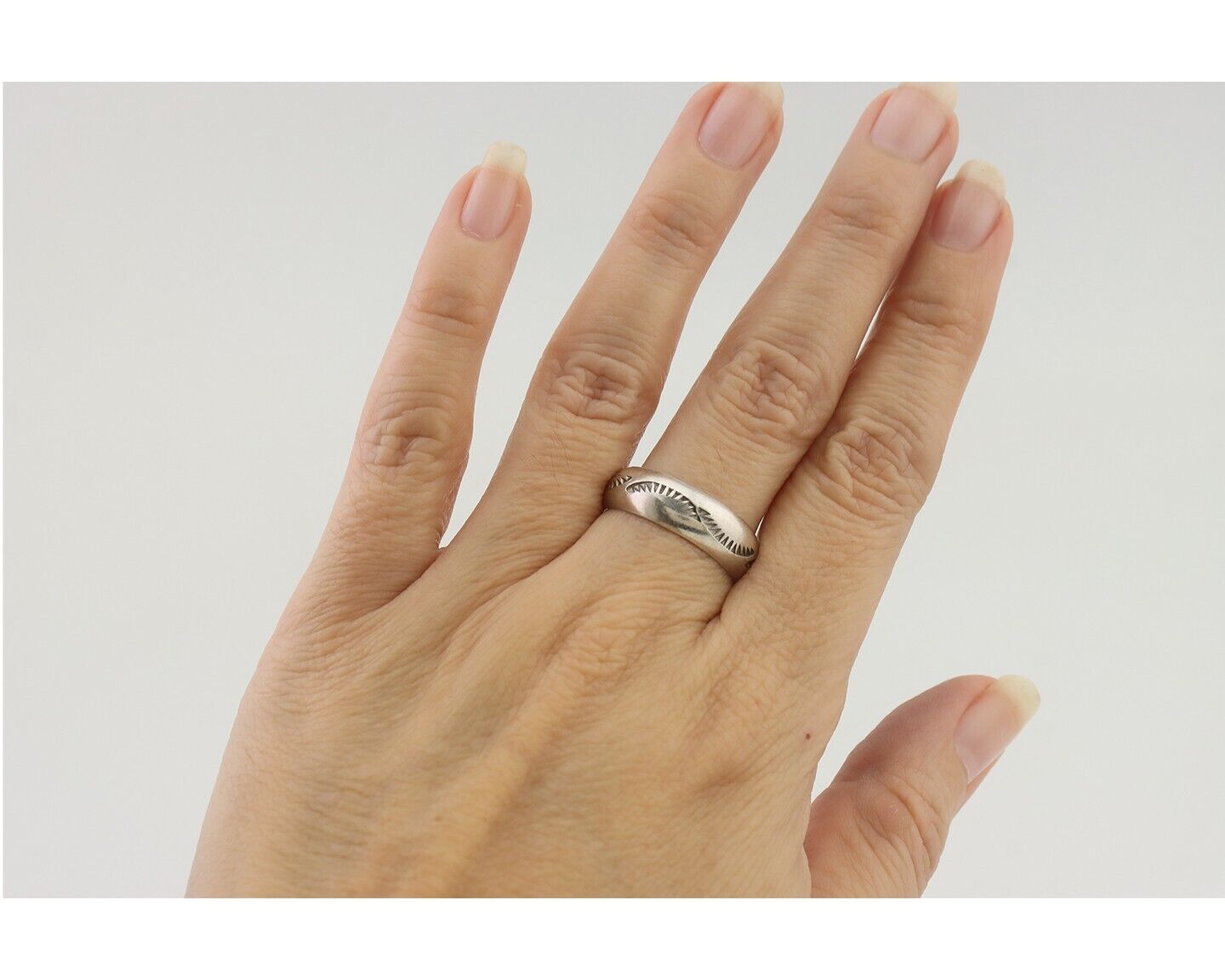 Navajo Hand Stamped Band 925 Silver 6.0 mm Signed Larry Chavez Size 7.5 C.80's