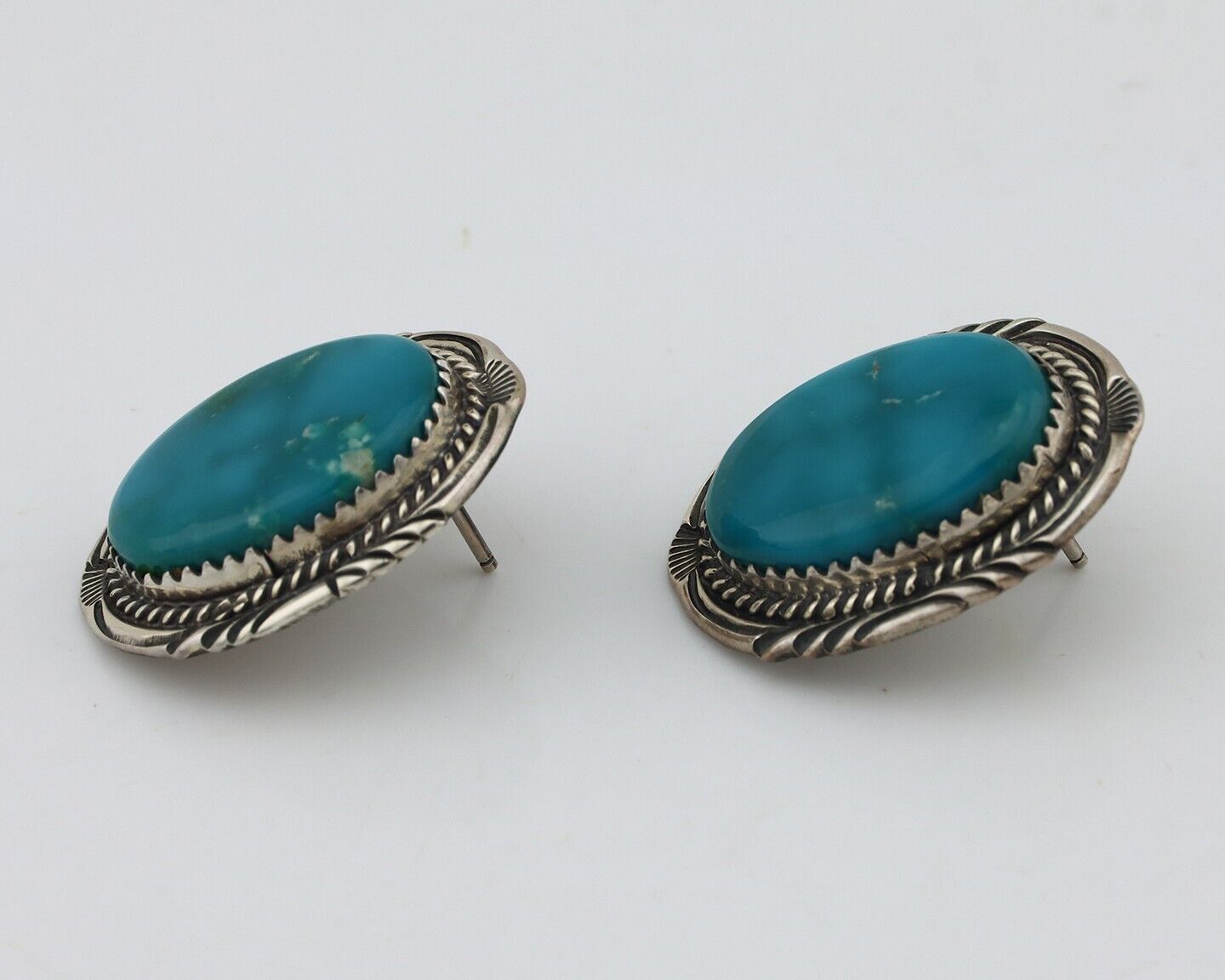 Navajo Hand Stamped Earrings 925 Silver Natural Turquoise Signed M Begay C.80's