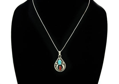 Navajo Necklace 925 Sterling Silver Natural Turquoise & Coral Signed Teepee