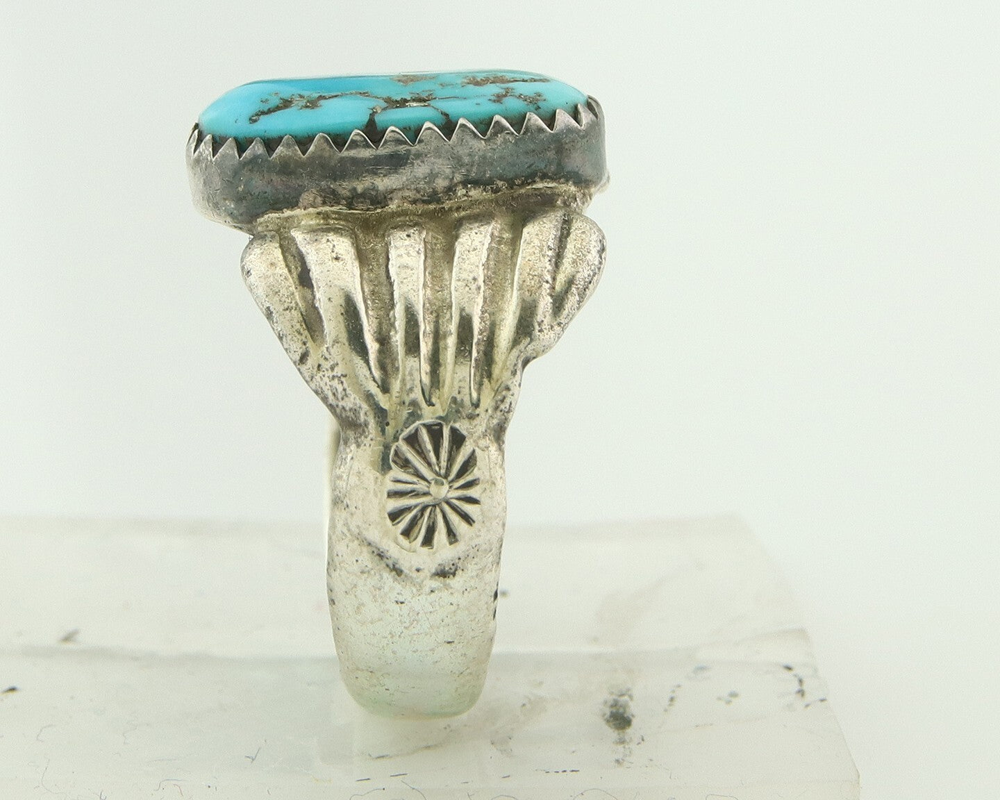 Vintage Navajo Ring 925 Sterling Silver Sand Cast Authentic Turquoise Size 7.5