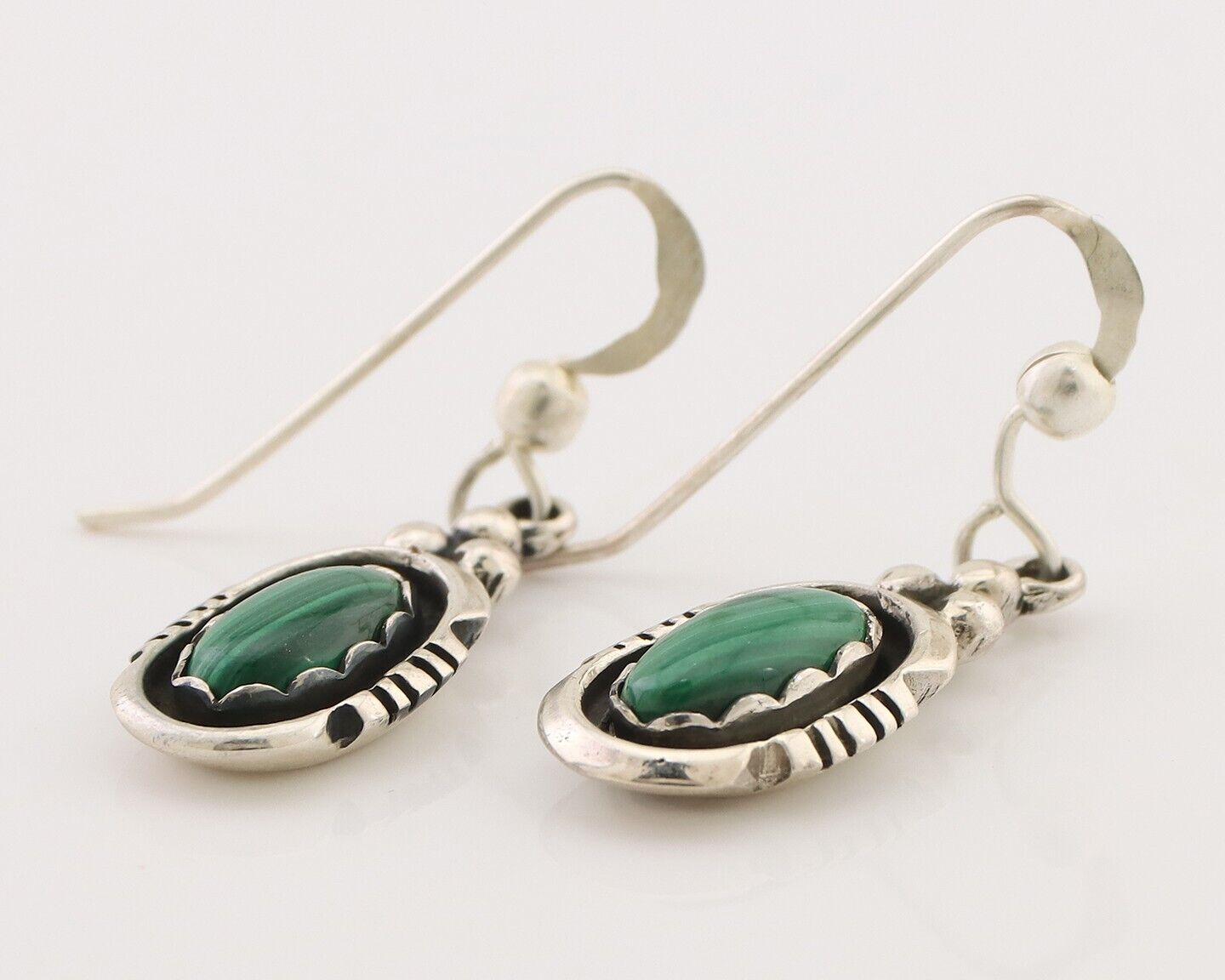 Navajo Dangle Earrings 925 Silver Natural Malachite Native American Artist C.80s