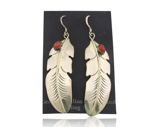 Navajo Earrings 925 Silver Natural Coral Native American C.80's Eagle Feather