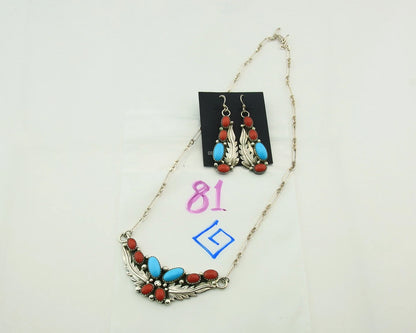 Navajo Necklace Earring Set 925 Sterling Silver Turquoise & Coral Signed RB