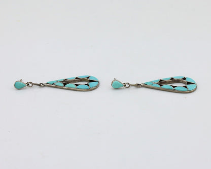 Navajo Handmade Earrings 925 Silver Blue Turquoise Native Artist C.80s